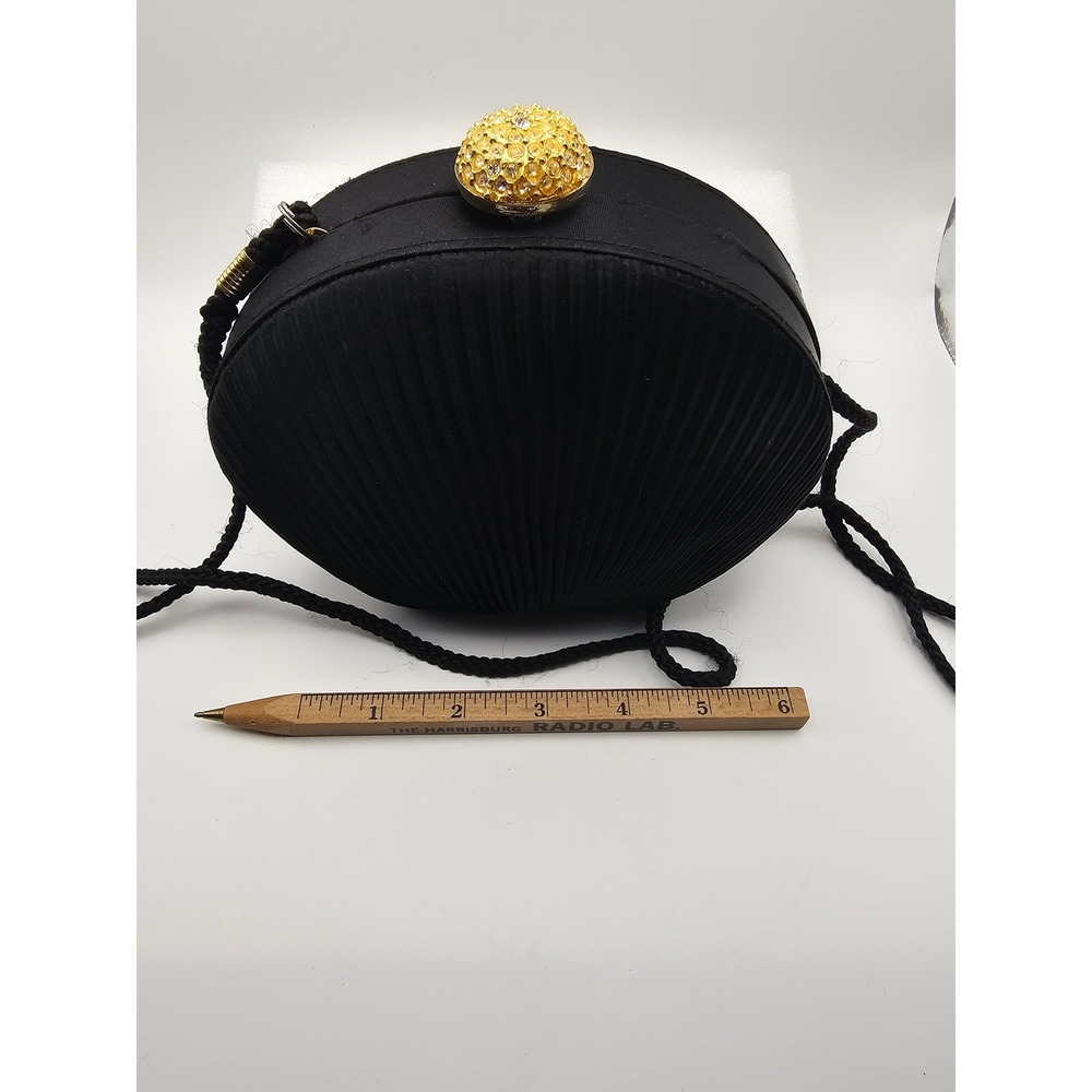 Sasha Black Satin Pleated Round Evening Bag Rhinestone Orb Clasp Crossbody